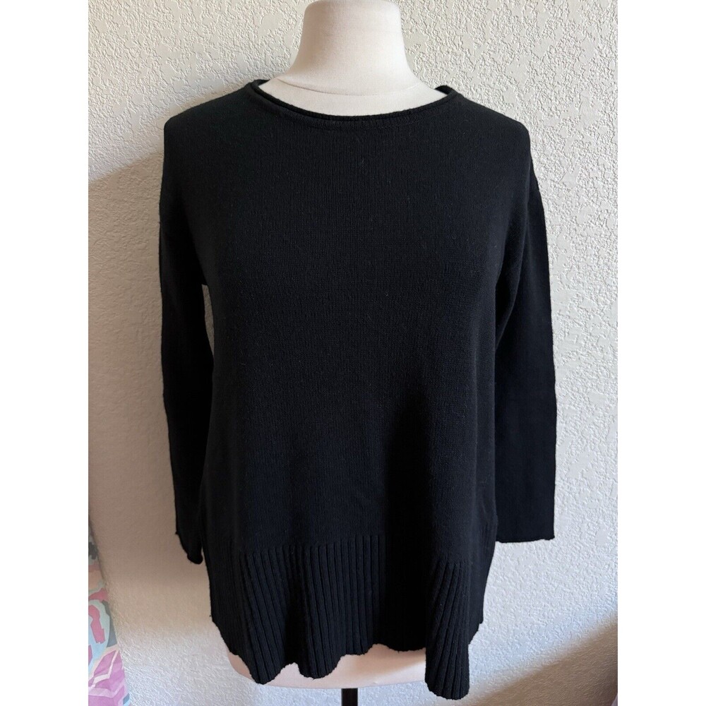 J Jill Womens Black Merino Wool Blend Sweater PM Boxy Preppy Minimalist Career